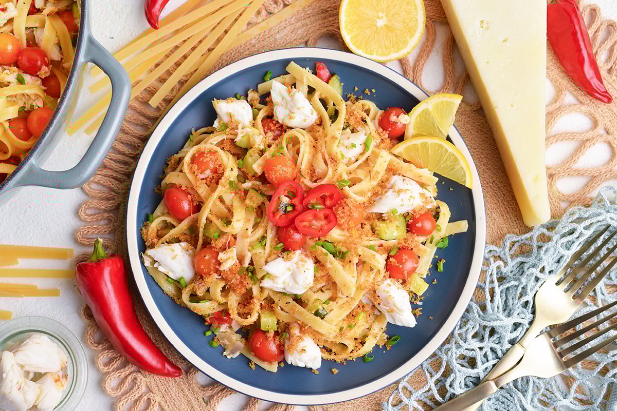 overhead shot of plate of creamy chili crab pasta