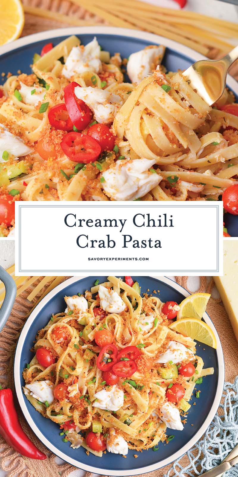 collage of creamy chili crab pasta