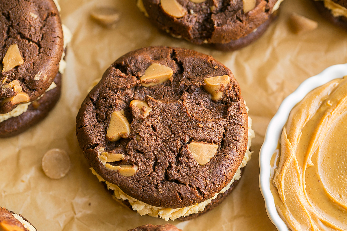 close up overhead shot of chocolate peanut butter cookie sandwich