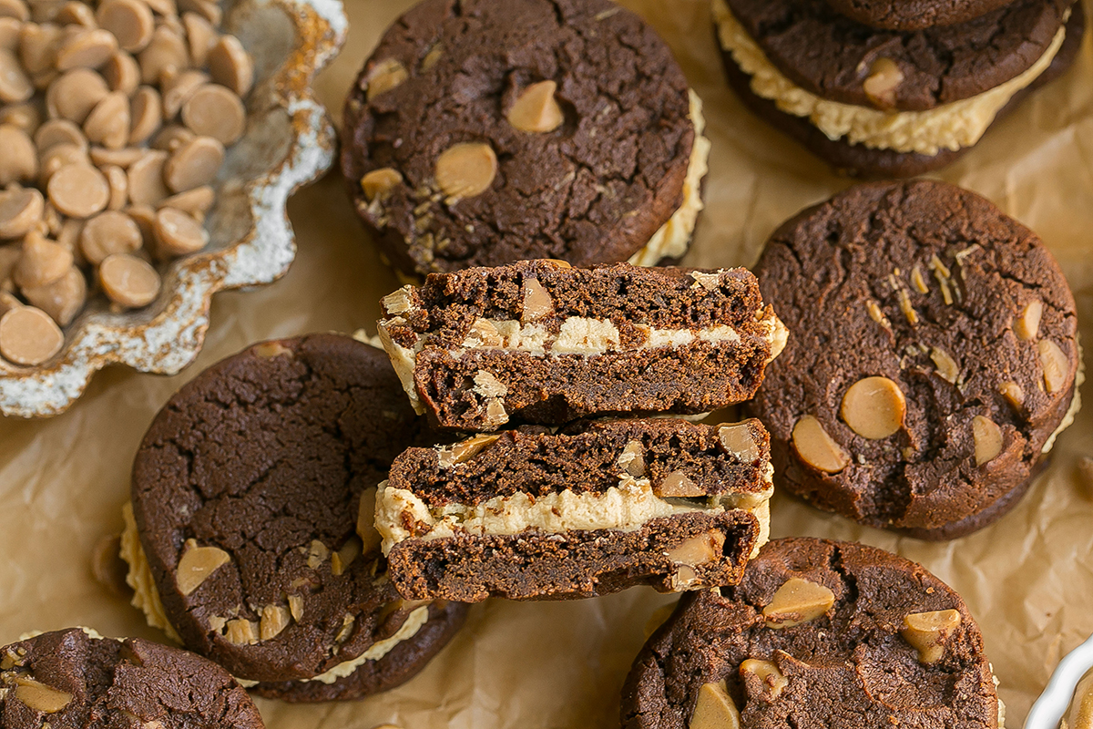 overhead shot of chocolate peanut butter cookie sandwich cut in half