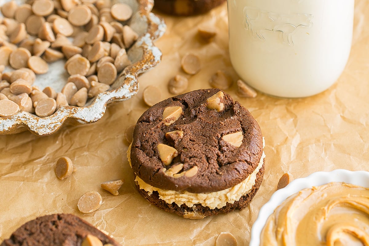 angled shot of one chocolate peanut butter cookie sandwich