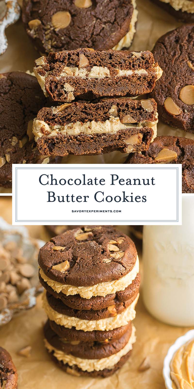 collage of chocolate peanut butter cookie sandwiches