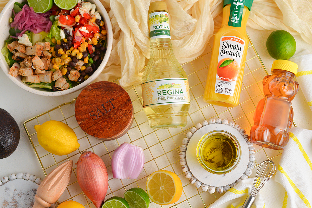 overhead shot of citrus vinaigrette ingredients