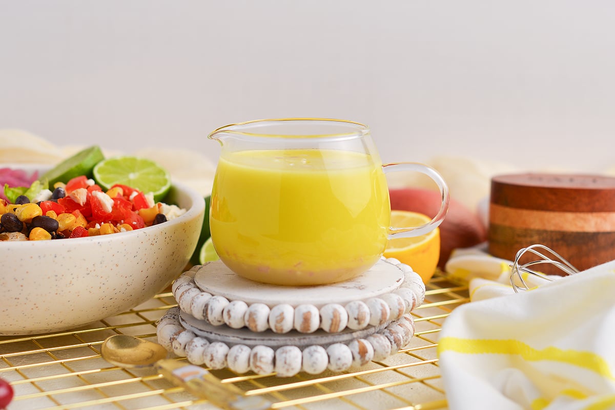 straight on shot of jar of citrus vinaigrette