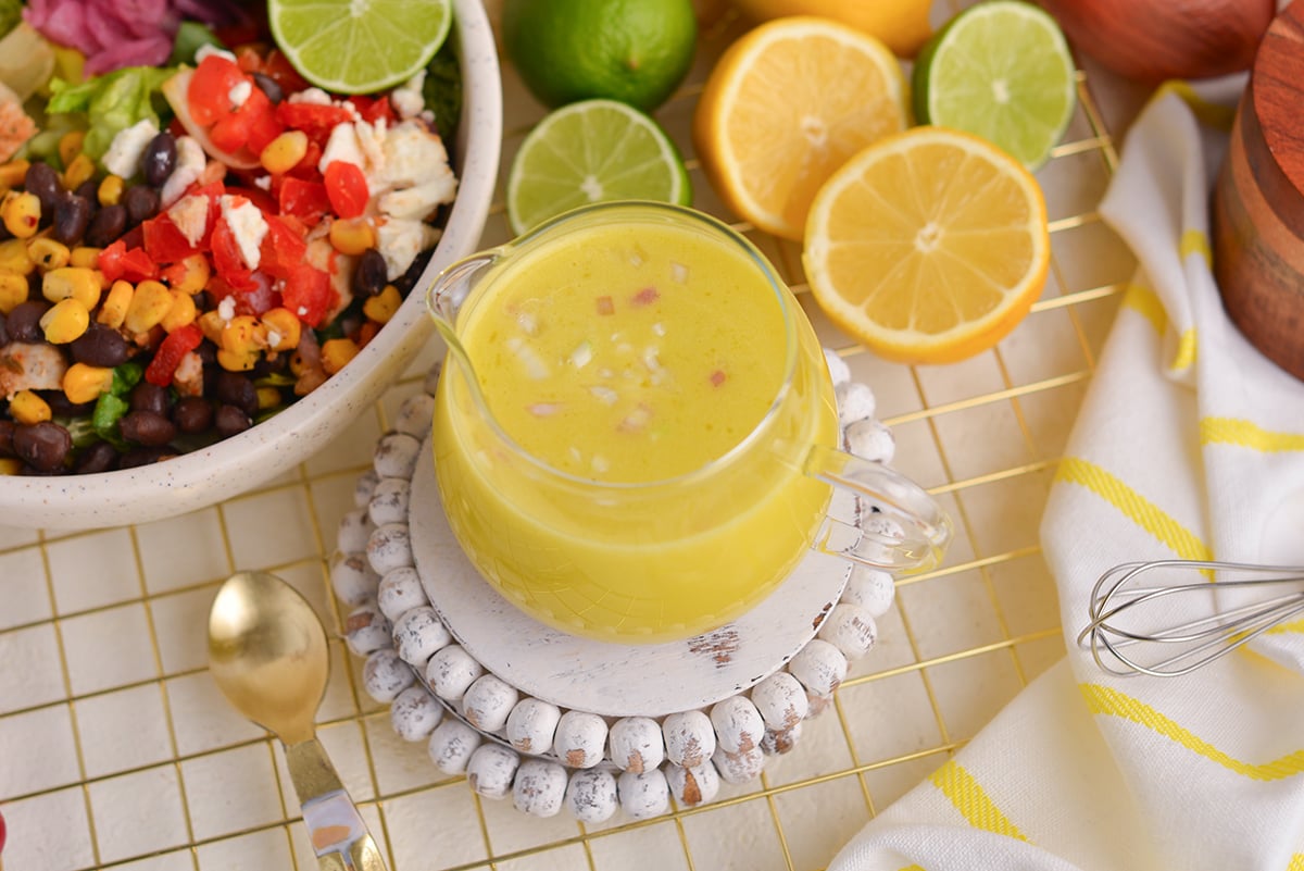 overhead shot of jar of citrus vinaigrette
