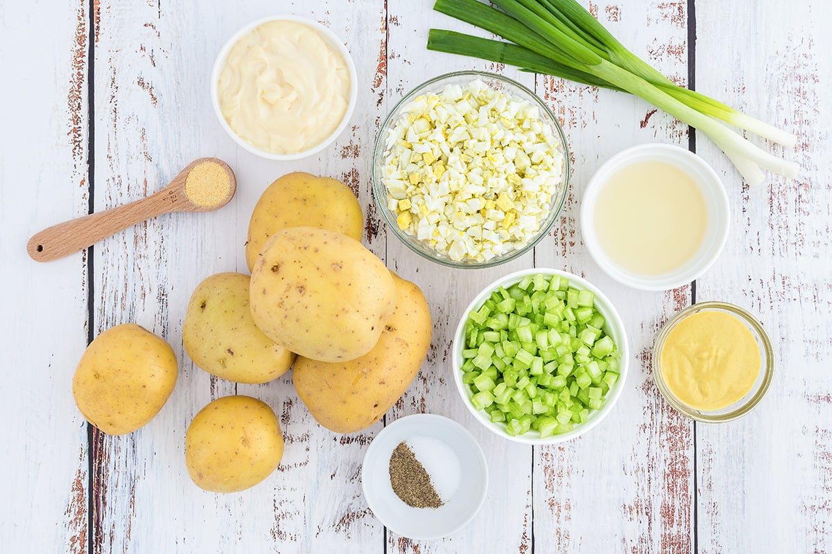 overhead shot of classic potato salad ingredients