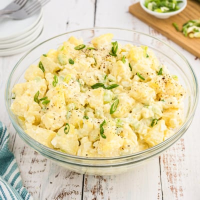 angled shot of potato salad in a bowl
