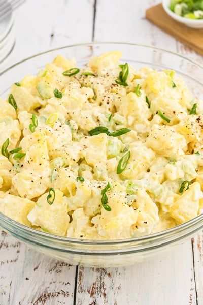 angled shot of potato salad in a bowl