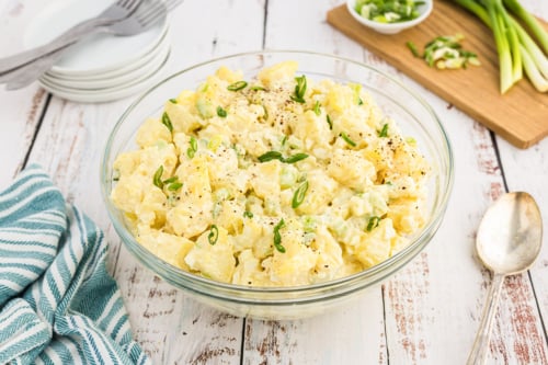 angled shot of potato salad in a bowl