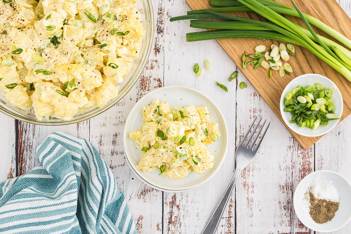 overhead shot of plate of classic potato salad