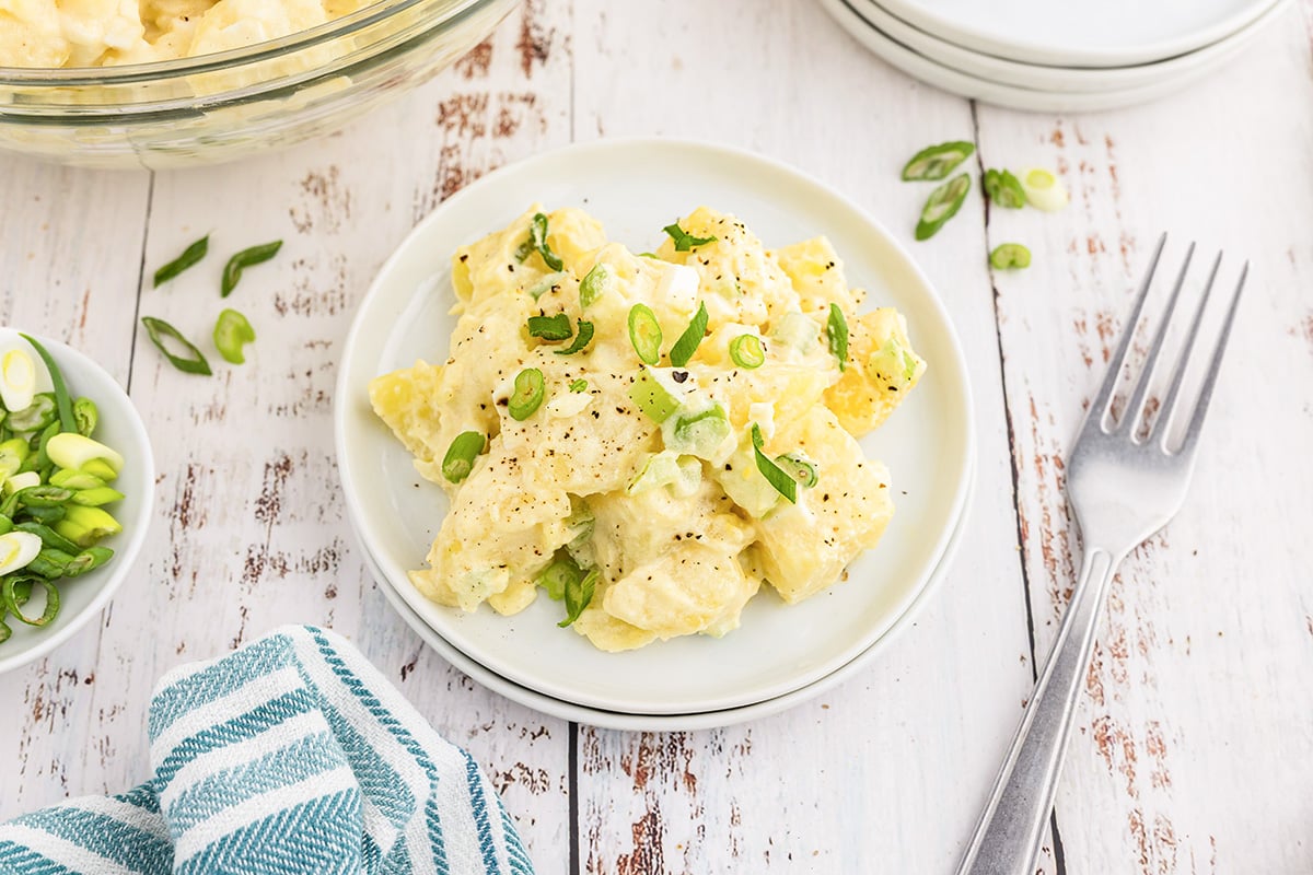 angled shot of classic potato salad on a plate