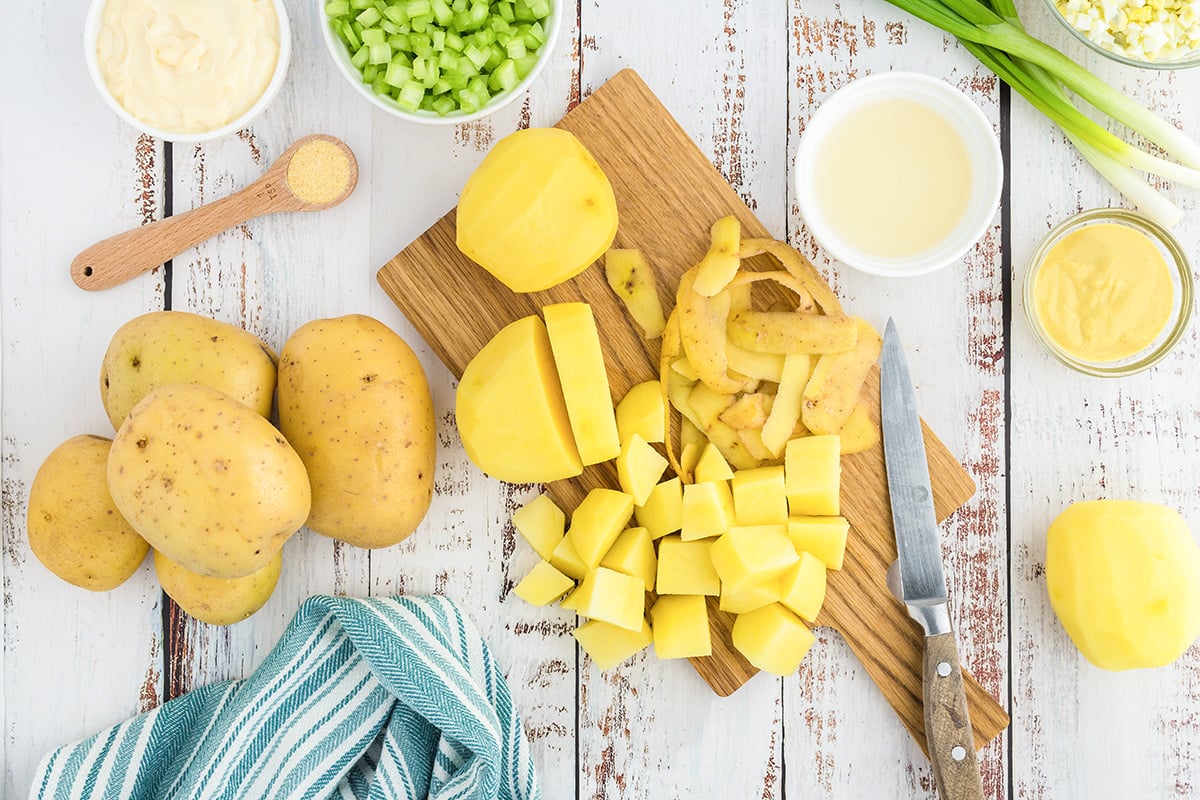 overhead shot of chopped potatoes