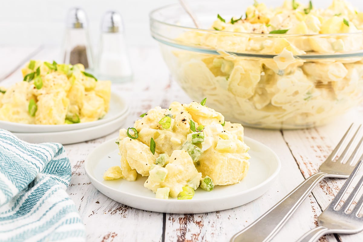 straight on shot of classic potato salad on a plate