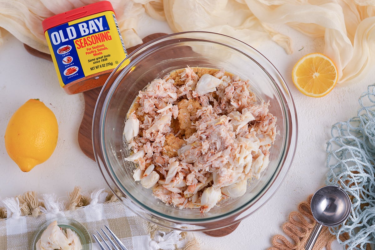 overhead shot of crab meat in bowl with other ingredients