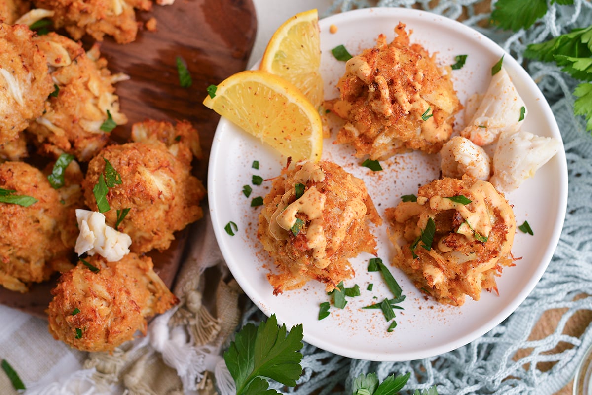 overhead shot of plate of three crab balls