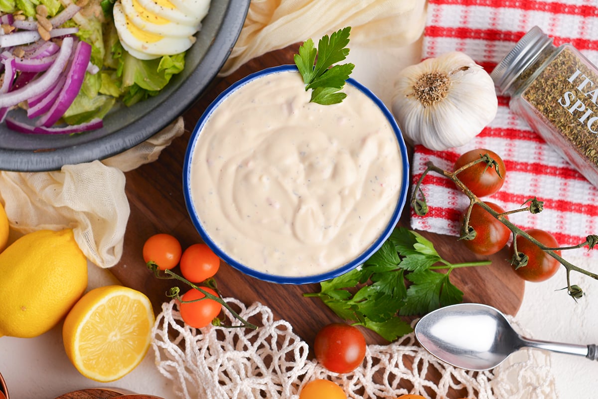 overhead shot of bowl of creamy dressing