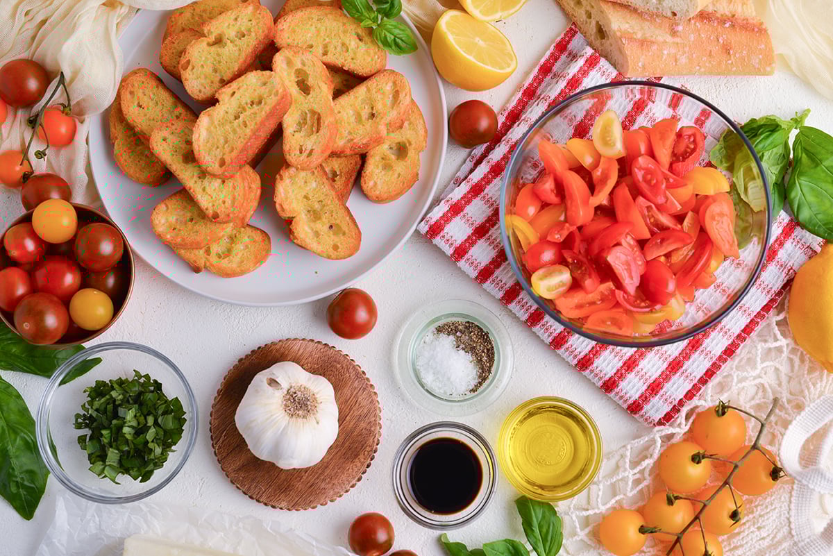 overhead shot of tomato bruschetta ingredients