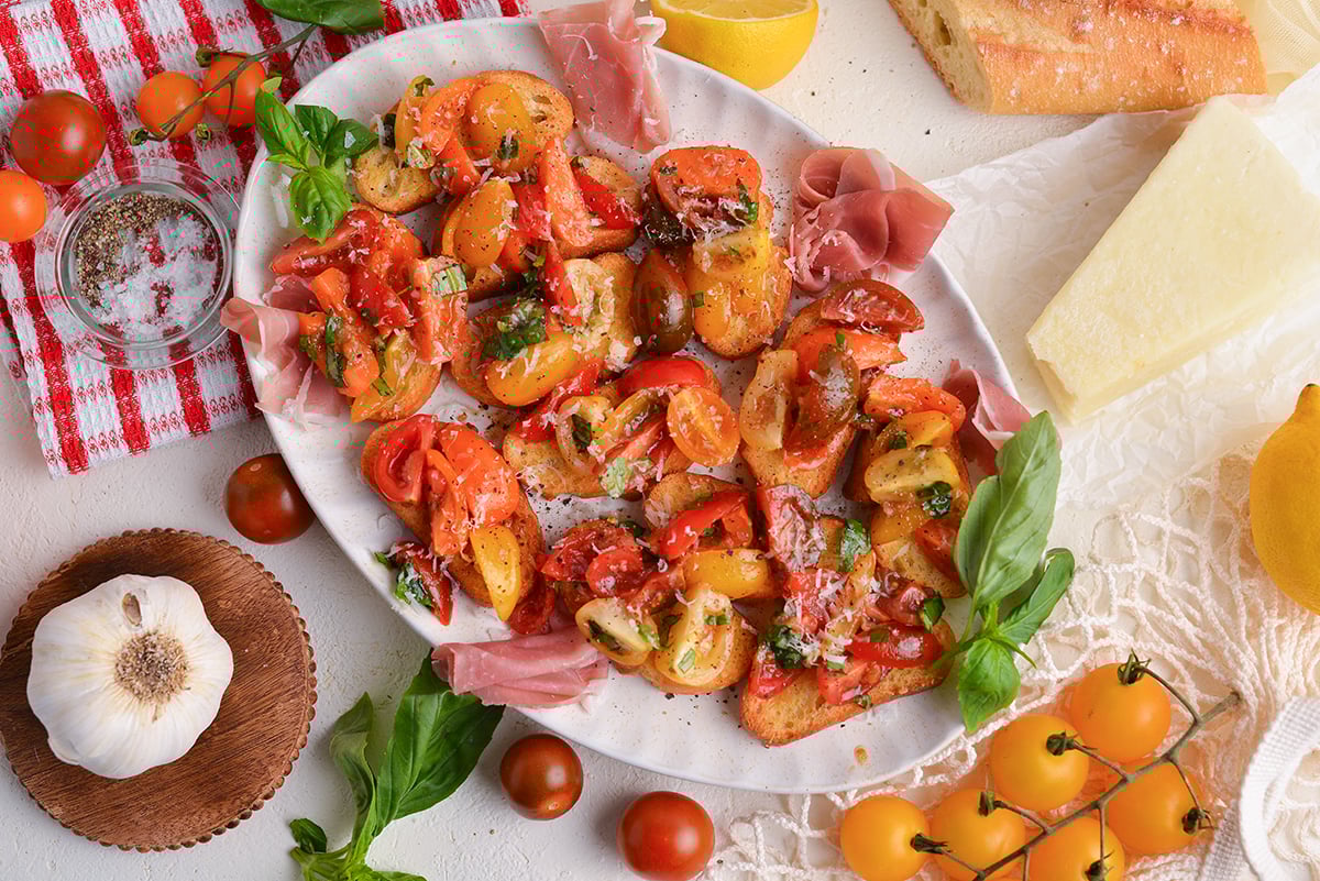 overhead shot of platter of tomato bruschetta