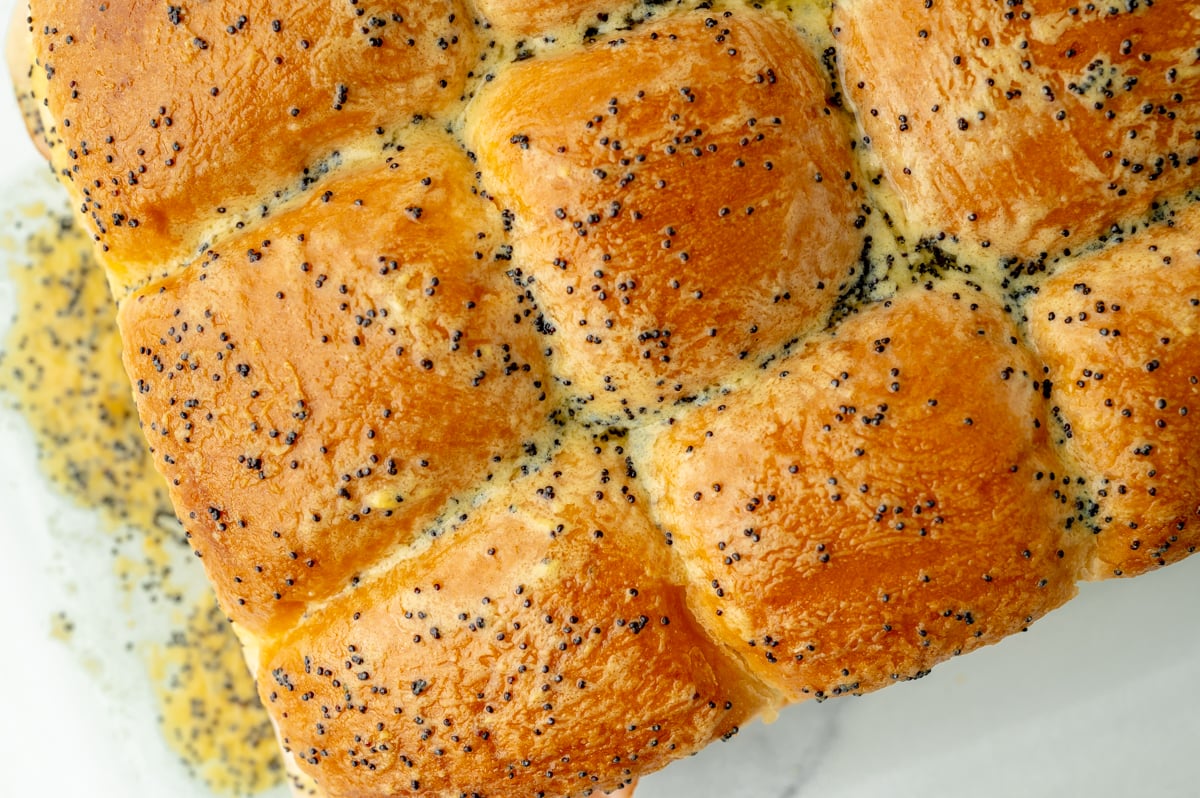close up overhead shot of ham and cheese sliders