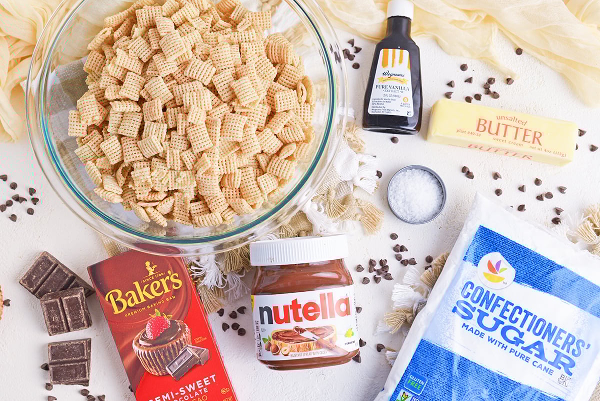overhead shot of nutella puppy chow ingredients