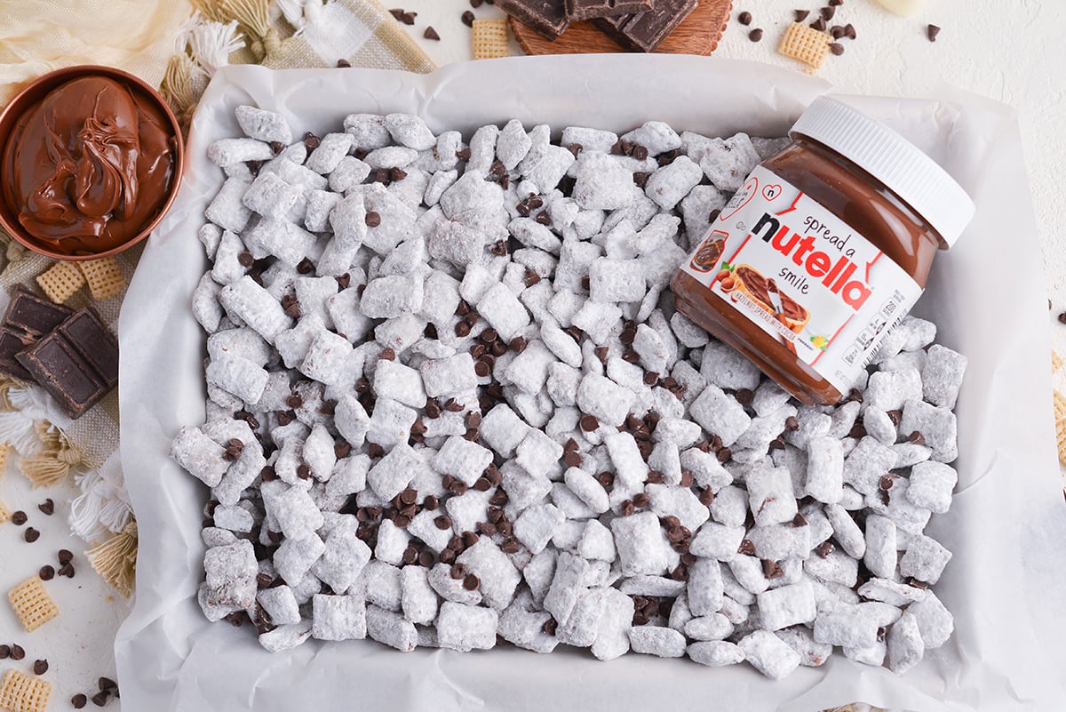 overhead shot of jar of nutella on baking sheet of nutella puppy chow