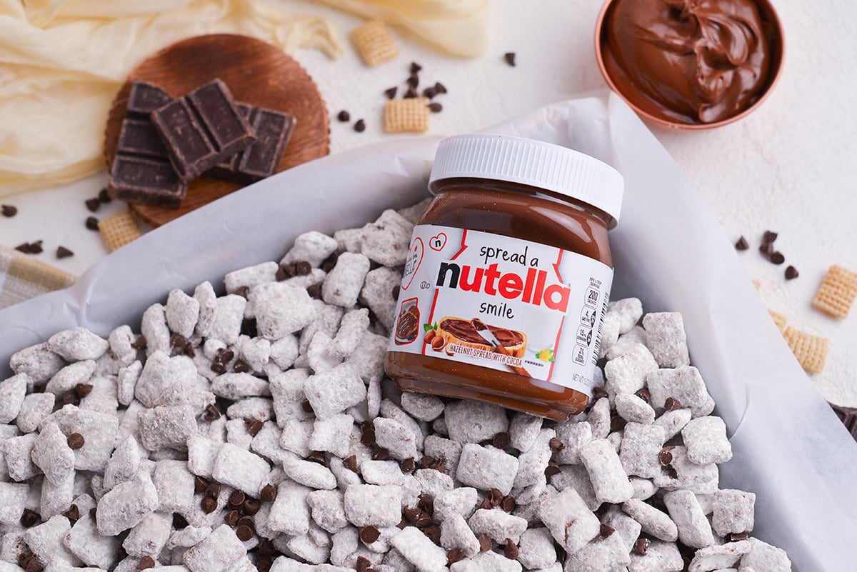 close up angled shot of jar of nutella