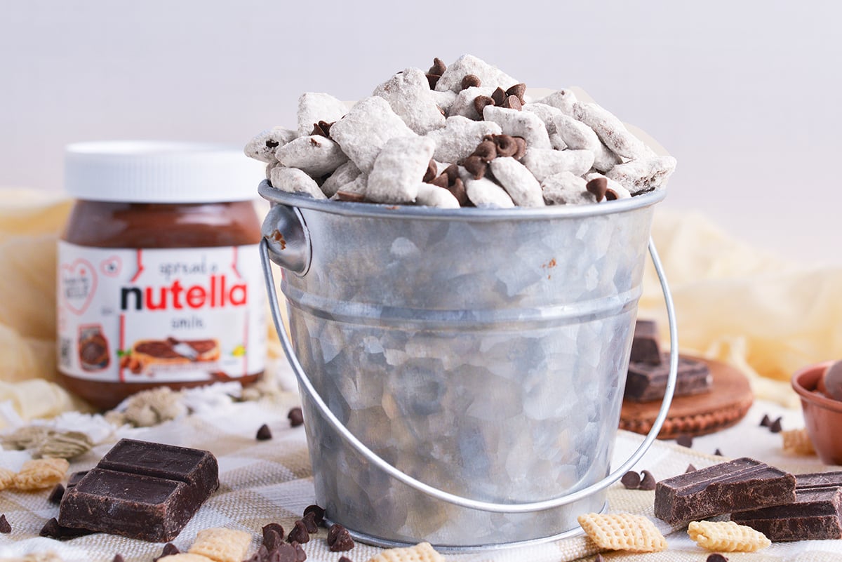 straight on shot of bucket of ntuella puppy chow