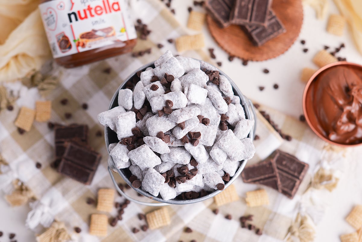overhead shot of bucket of nutella puppy chow