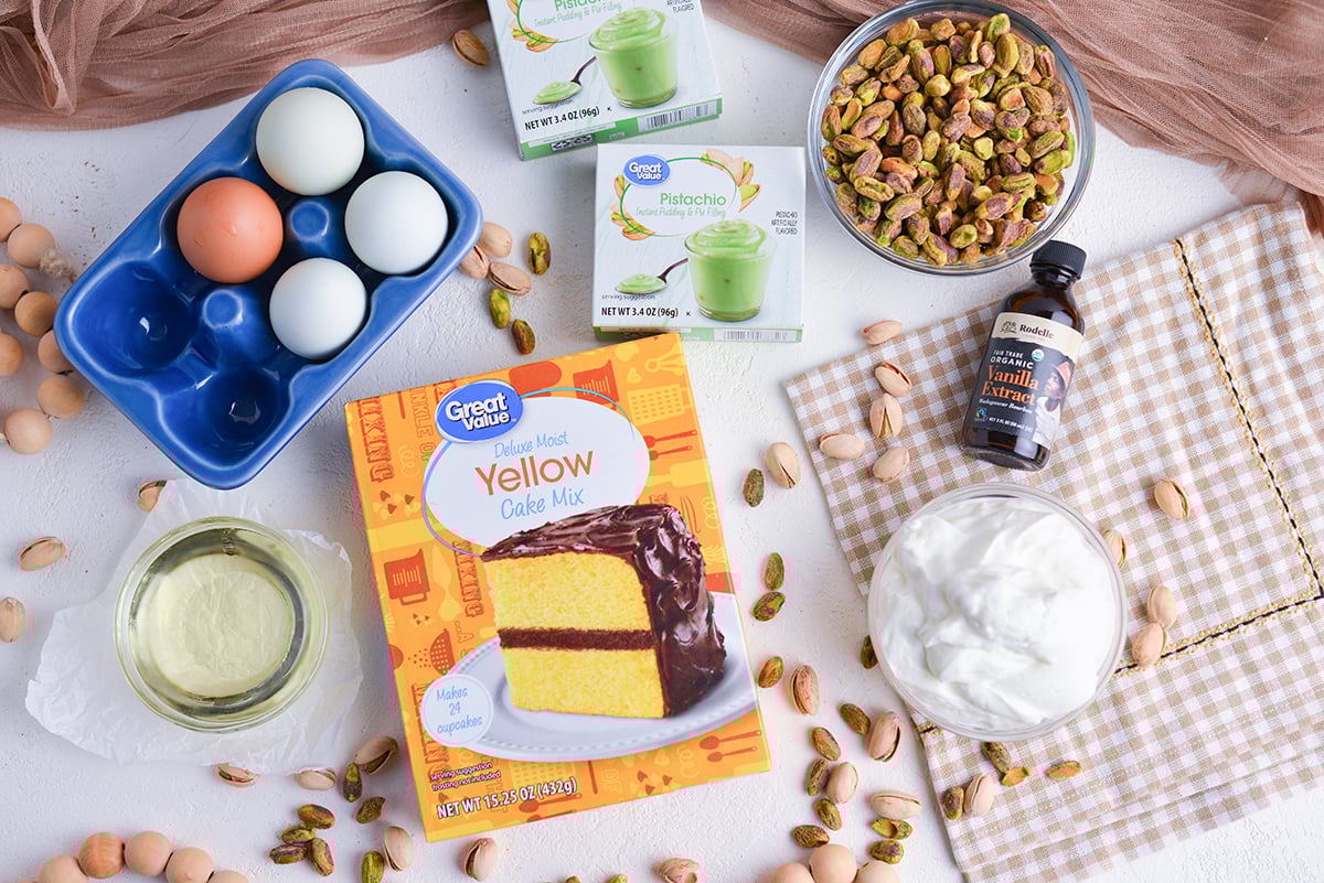 overhead shot of pistachio bread ingredients
