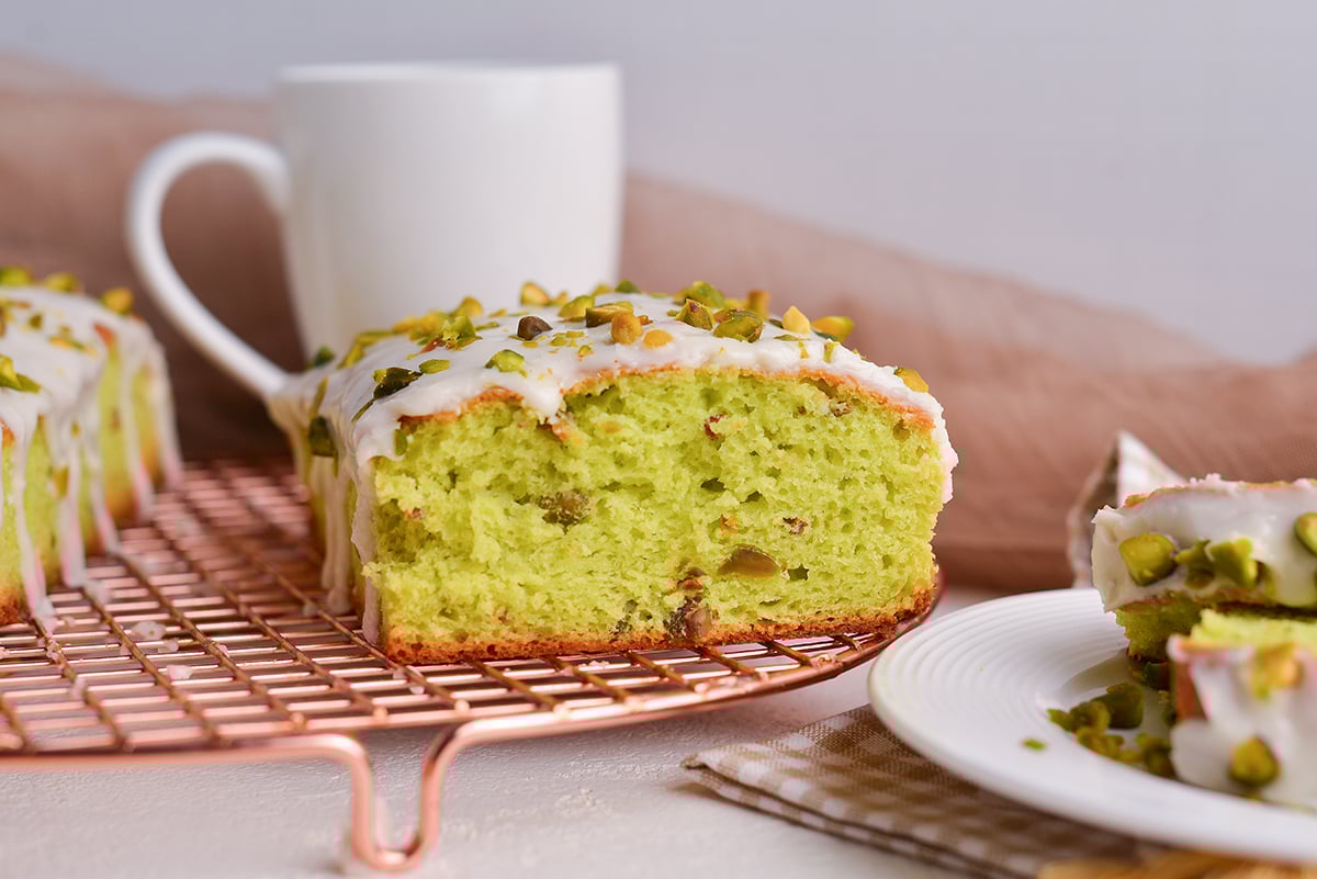 pistachio loaf on cooling rack