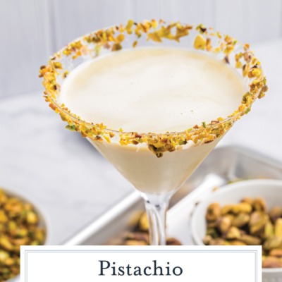 angled shot of pistachio martini with text overlay