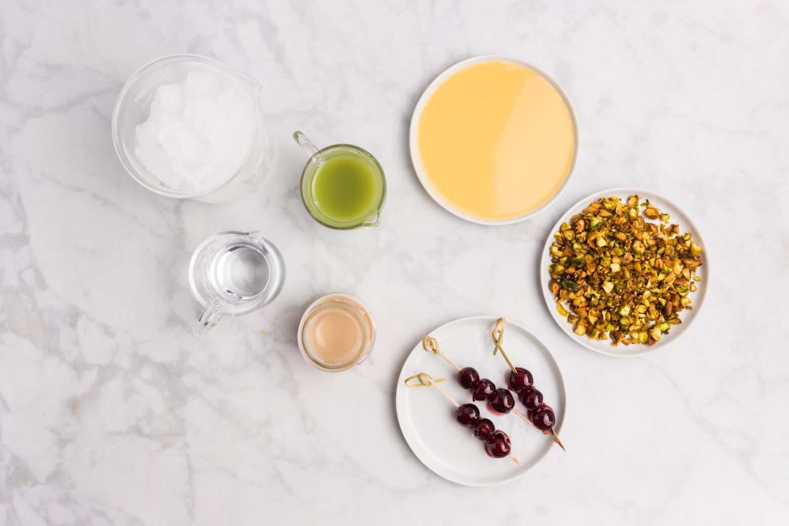 overhead shot of pistachio martini ingredients