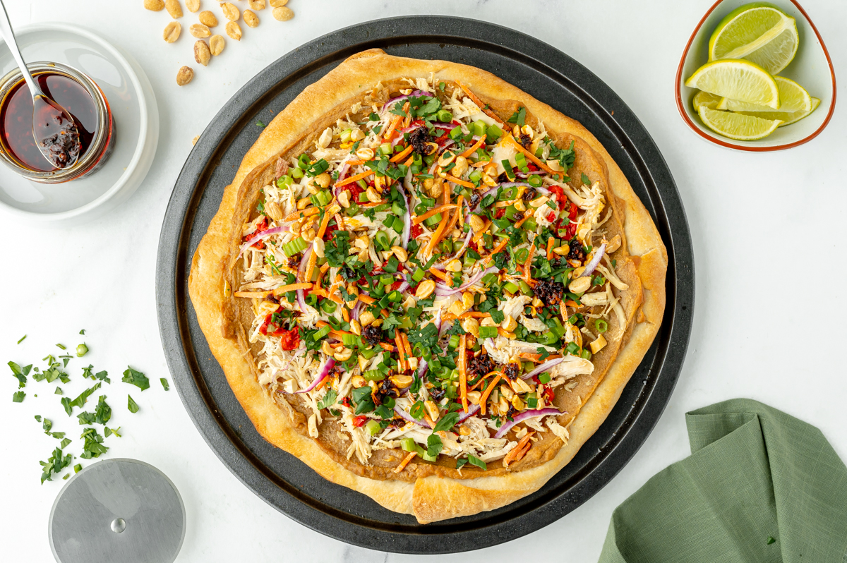 overhead shot of thai chicken pizza