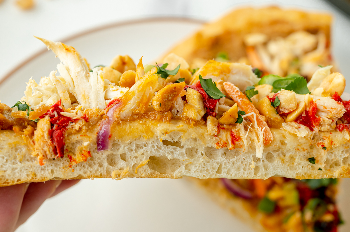 side view of slice of thai chicken pizza