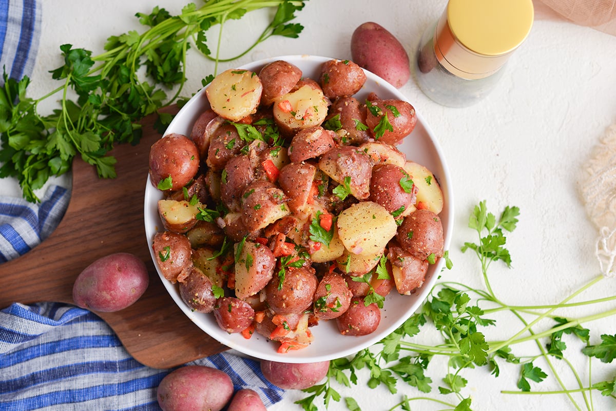 overhead shot of bowl of german potato salad