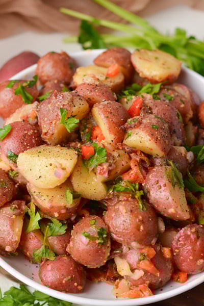 angled shot of bowl of no mayo potato salad