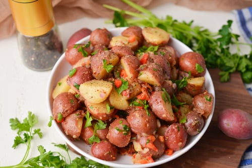 angled shot of bowl of no mayo potato salad