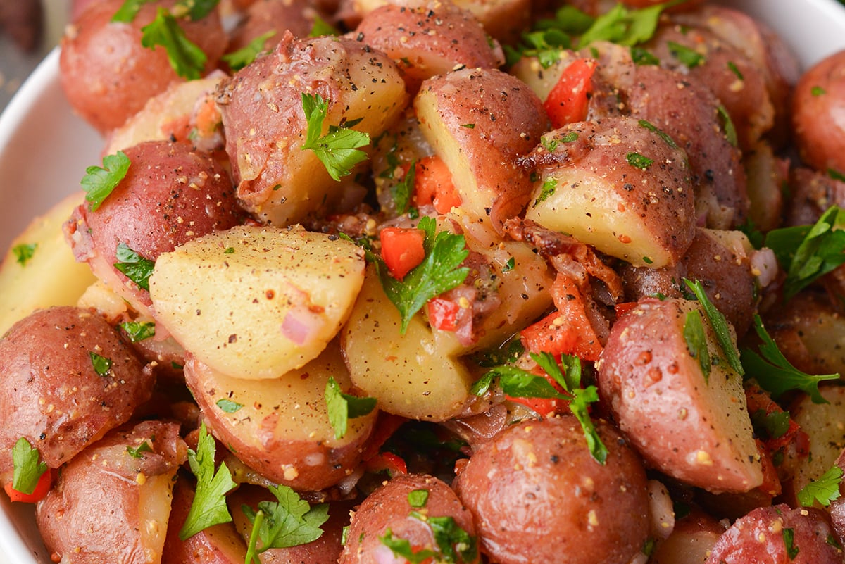 close up shot of warm german potato salad