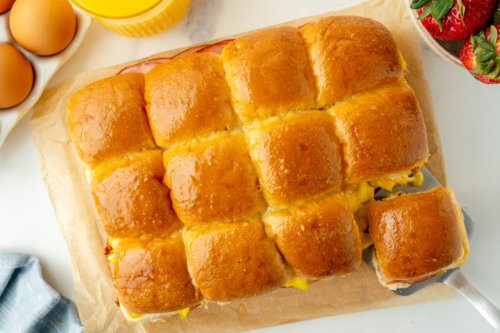 overhead shot of breakfast slider pulling away on spatula