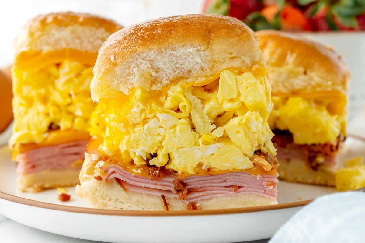 straight on shot of three breakfast sliders on a plate