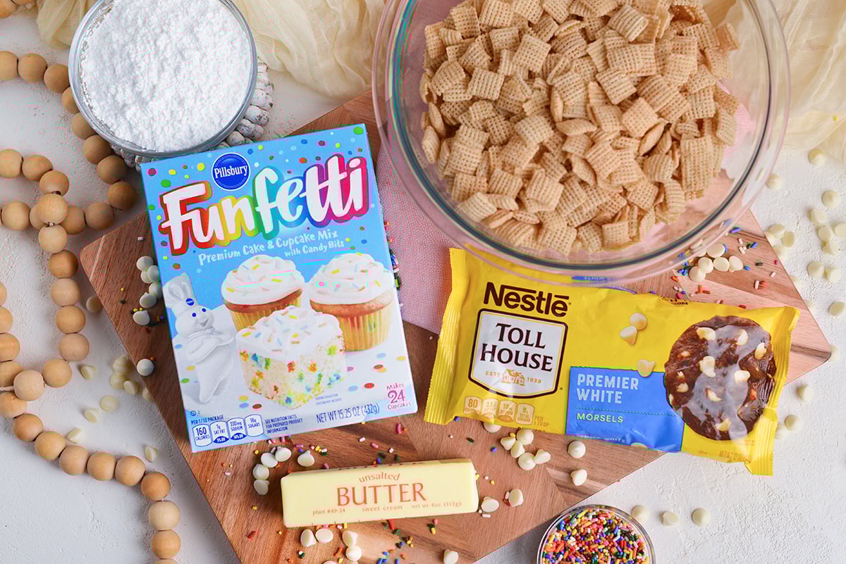 overhead shot of birthday cake puppy chow ingredients
