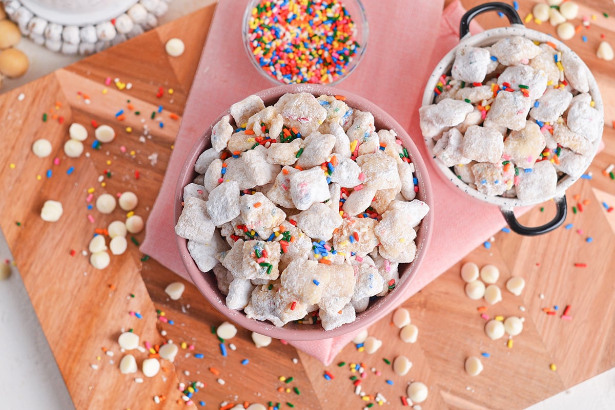 overhead shot of two bowls of birthday cake puppy chow