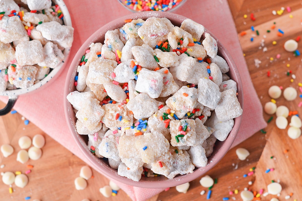overhead shot of bowl of cake batter puppy chow