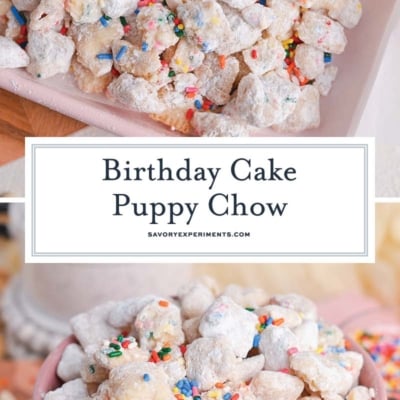 collage of cake batter puppy chow