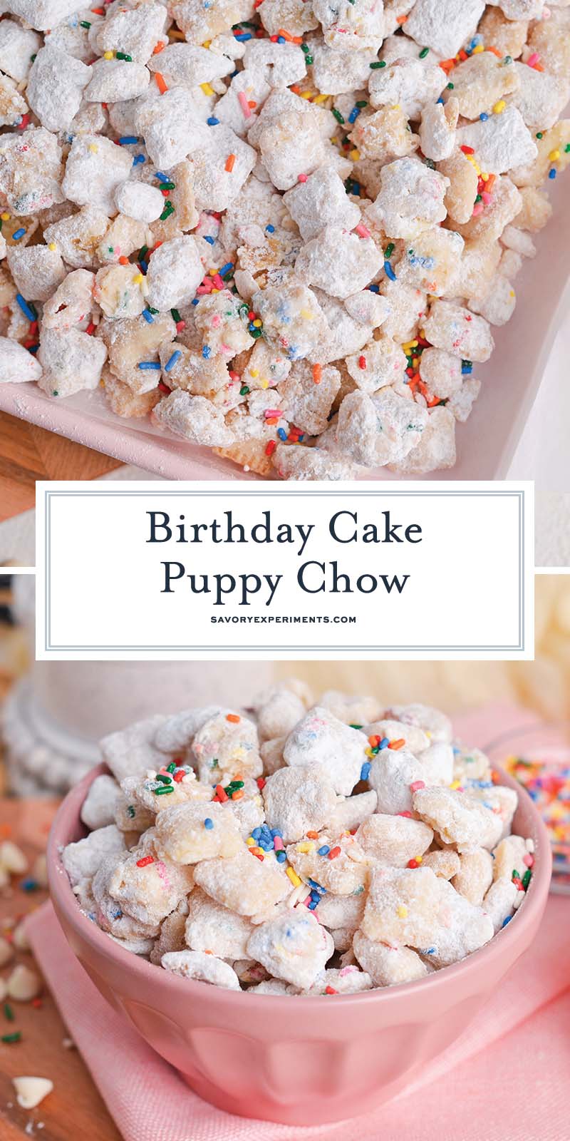 collage of cake batter puppy chow