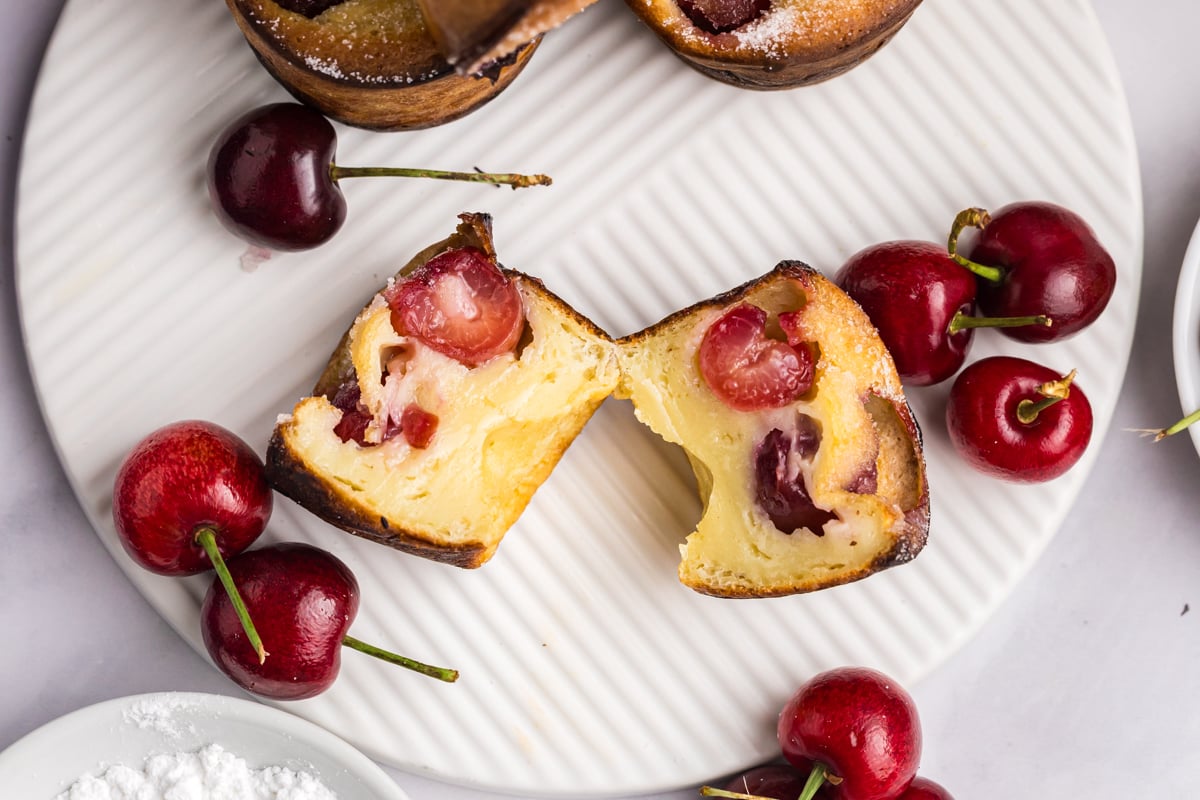 overhead shot of cherry popover cut in half