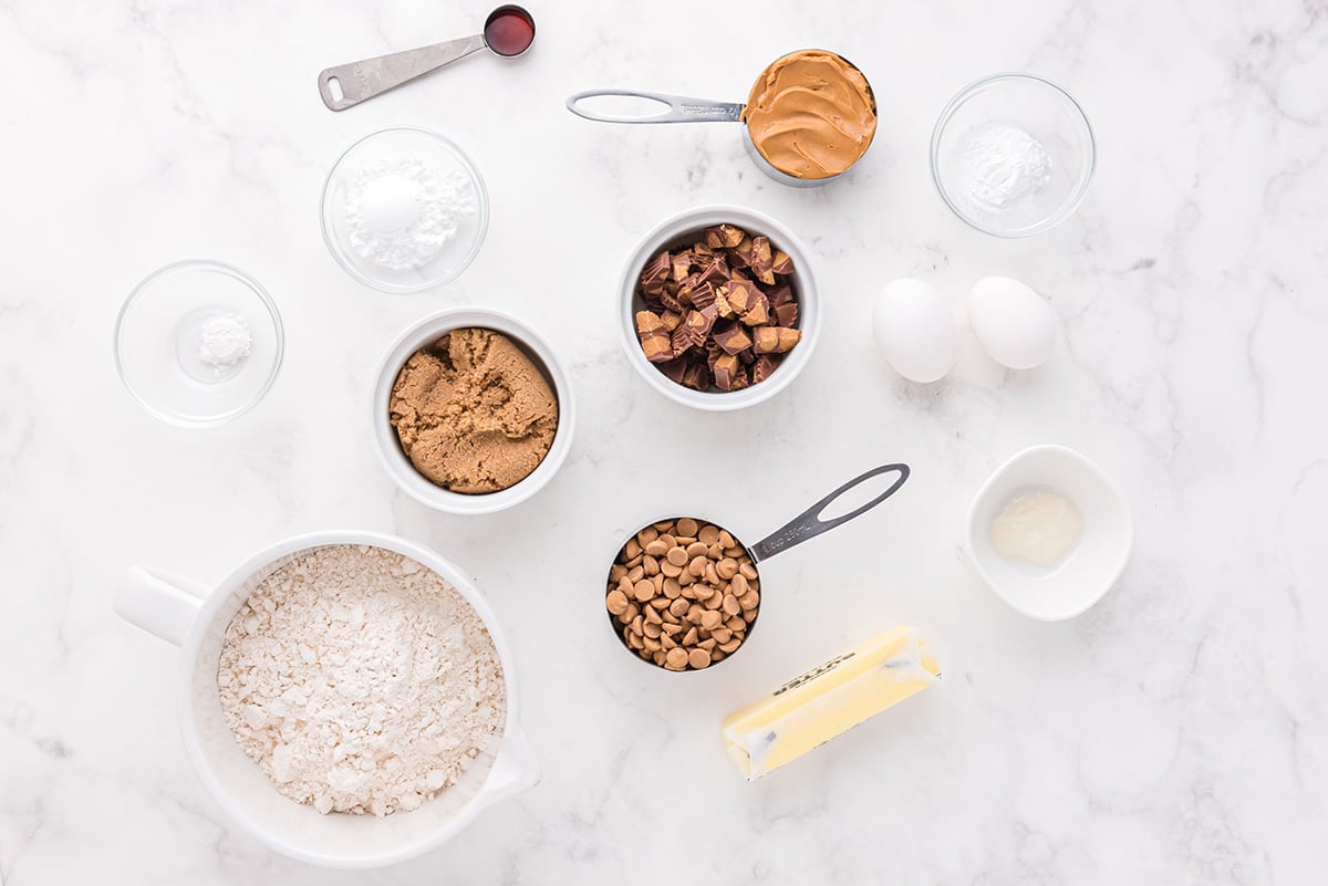overhead shot of reeses peanut butter cookies ingredients