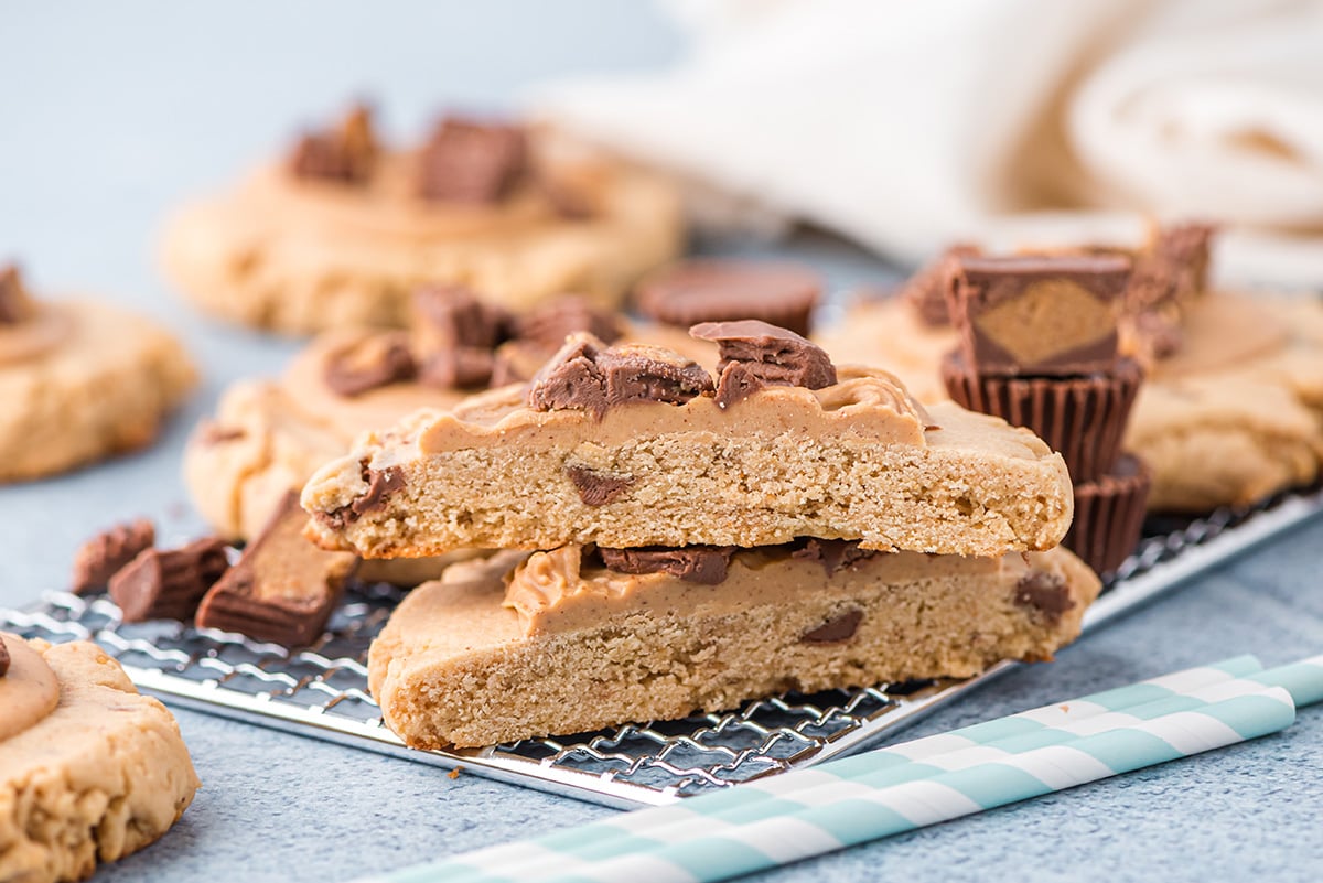 straight on shot of peanut butter cookie cut in half