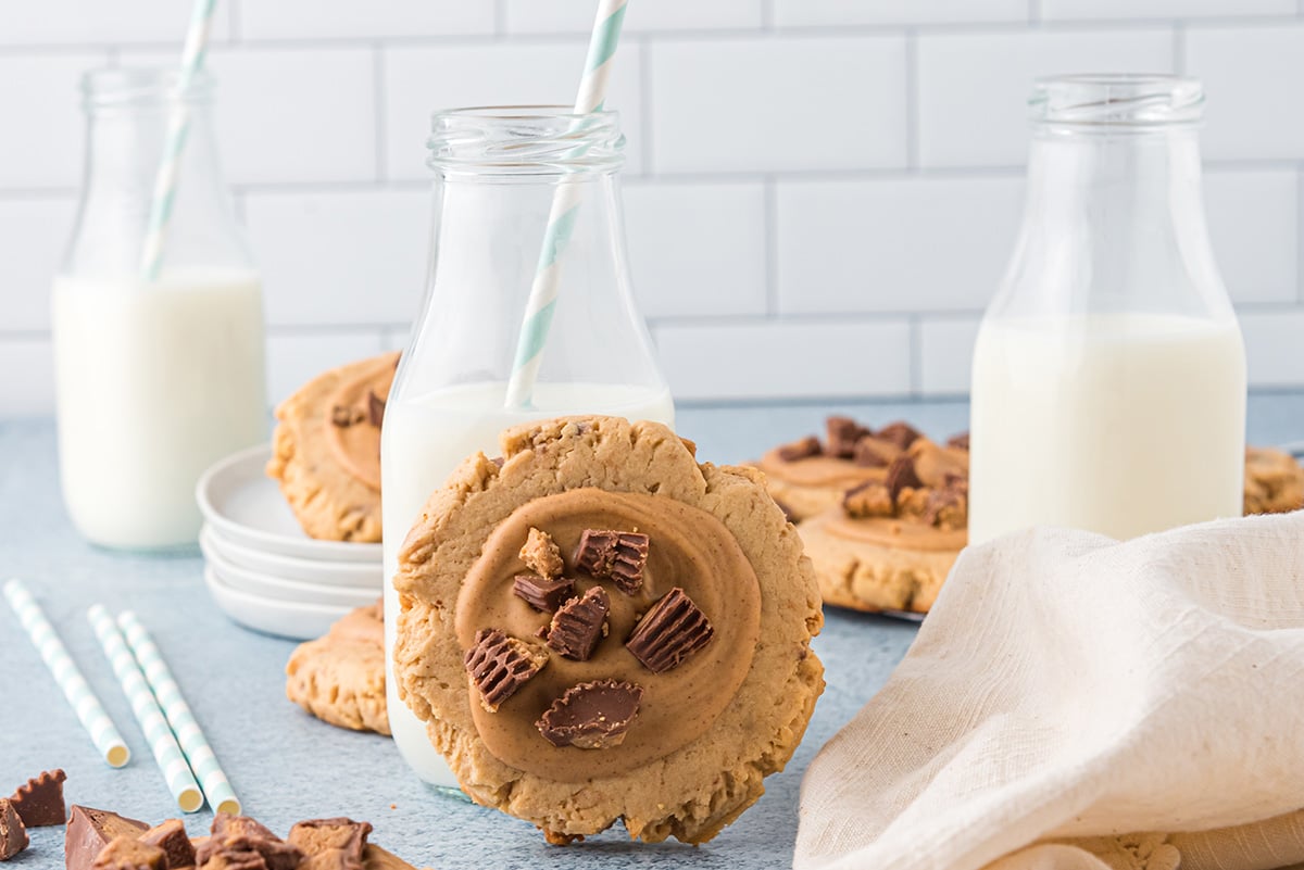 straight on shot of peanut butter cookie leaning on glass of milk