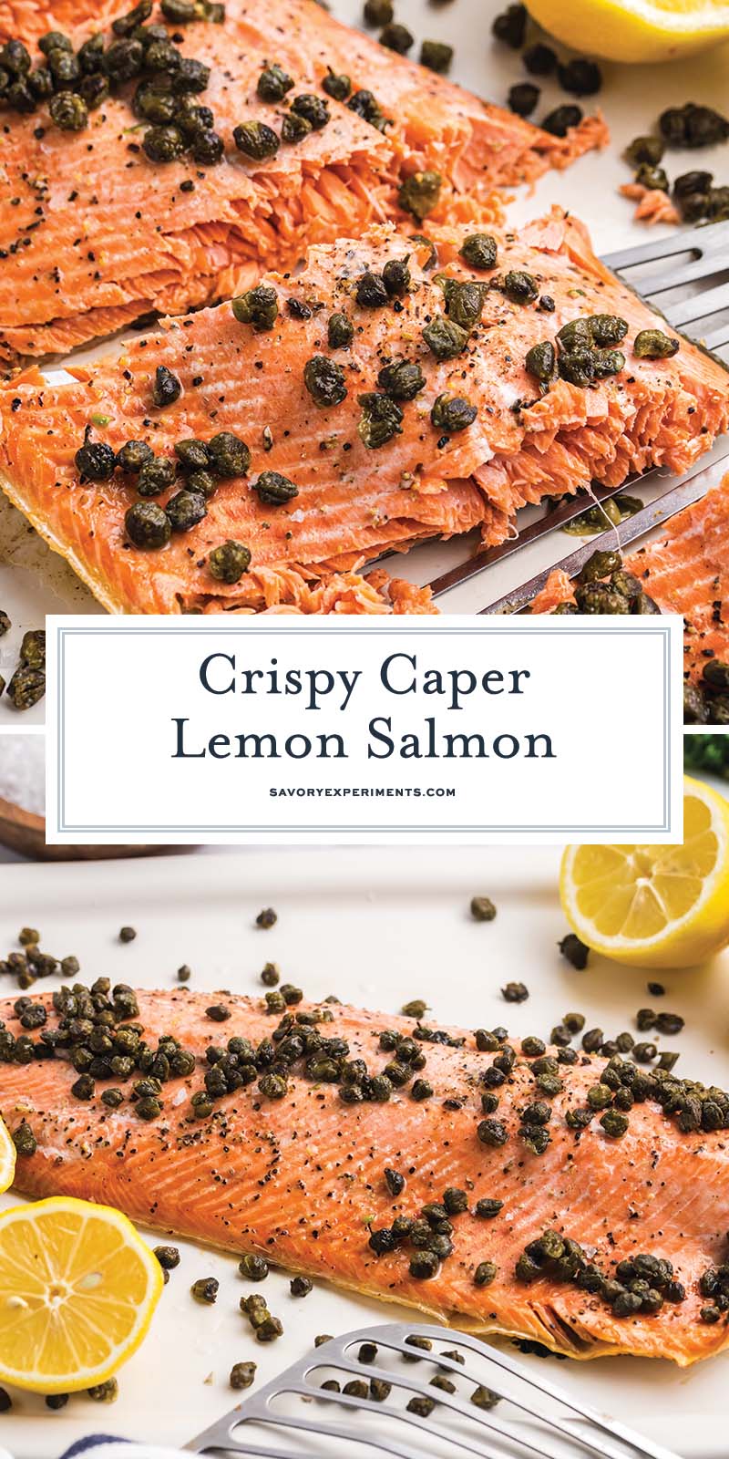 collage of crispy caper lemon salmon